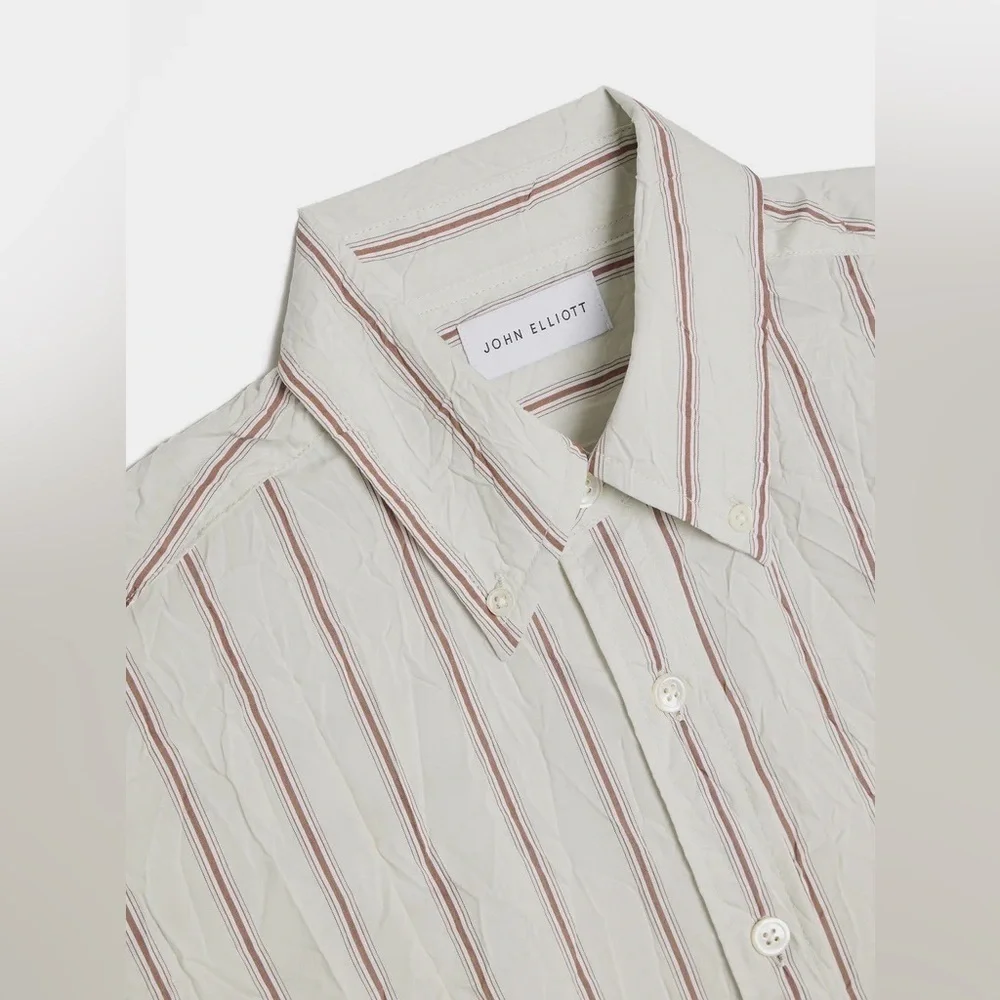 nwt JOHN ELLIOTT Men's Crinkled Tie Shirt in Manhasset Stripe Size Large